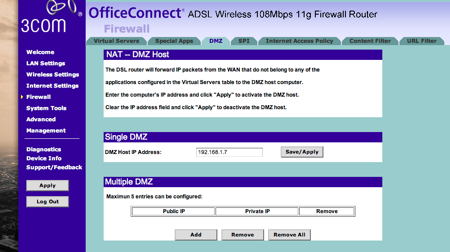 3com configuració excepcions al firewall DMZ