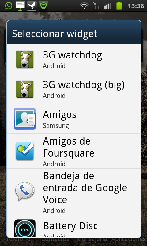 Menú per afegir widgets