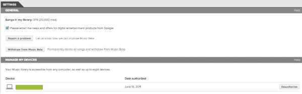 Google Music Beta - Reproductor Web - Opcions Configuració