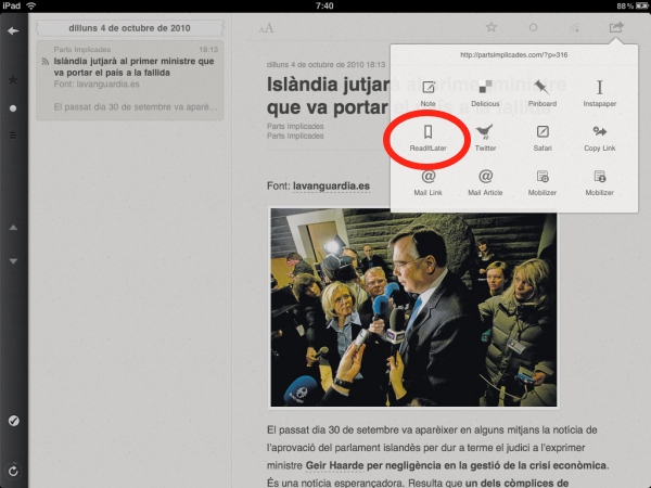 Exemple Instapaper a Reader d'iPad