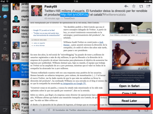 Exemple Instapaper a Twitter d'iPad