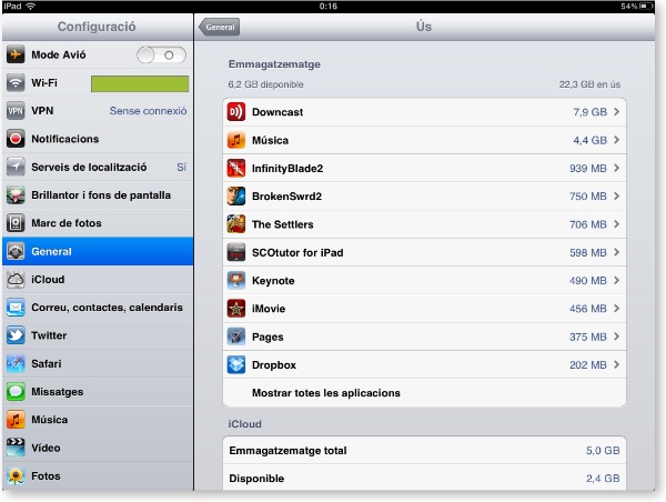 espai ocupat per Apps a l'iPad