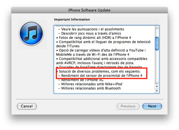 actualització a la 4.1 de l'iPhone4