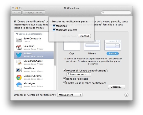 Preferències del Sistema - Notificacions -  a Mountain Lion