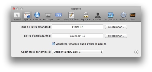 Preferències Safari català
