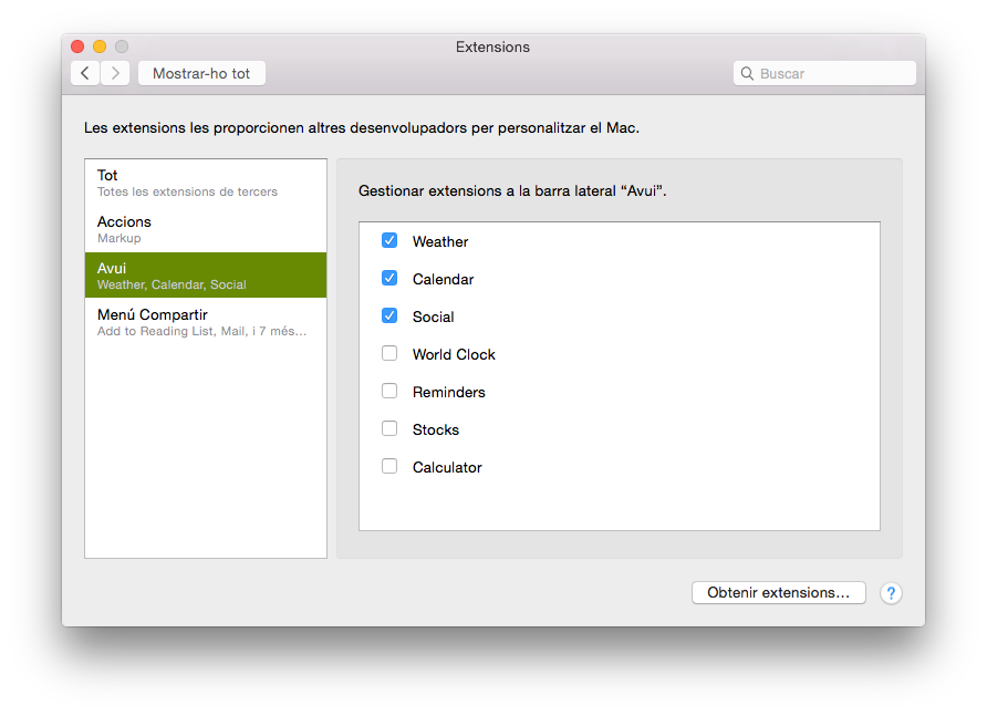 Yosemite - preferències - extension