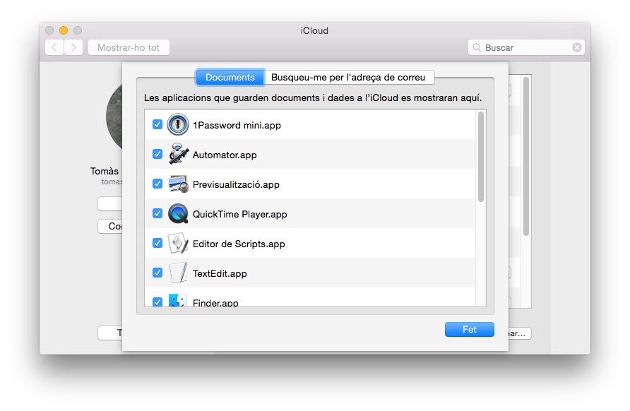 Yosemite - Preferències de Sistema - iCloud - iCloud Drive Opcions