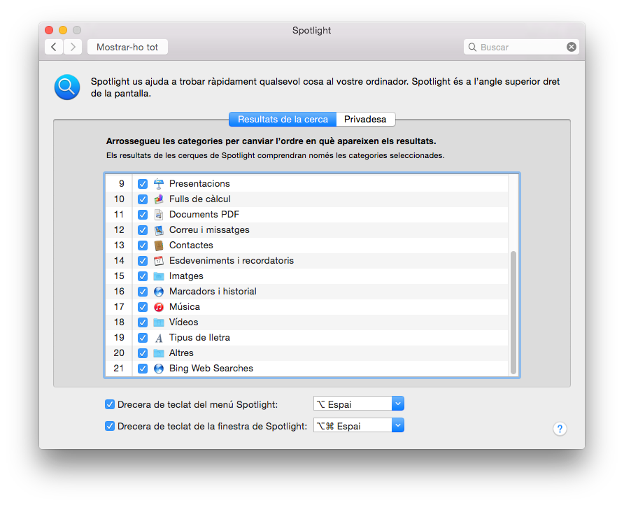 Yosemite - Preferències del Sistema - Spotlight